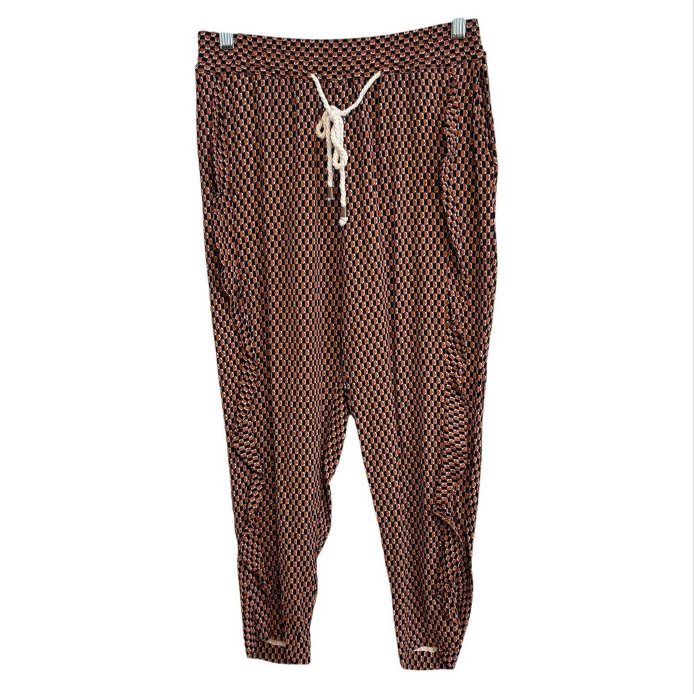 Anthropologie Makari Ruffled Joggers Small Petite Brown Cropped Relaxed Fit Boho